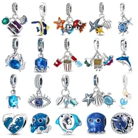 ocean charms 925 sterling silver seashell dolphin mermaid tail blue charms fit pandoras original bracelet diy fashion jewelry