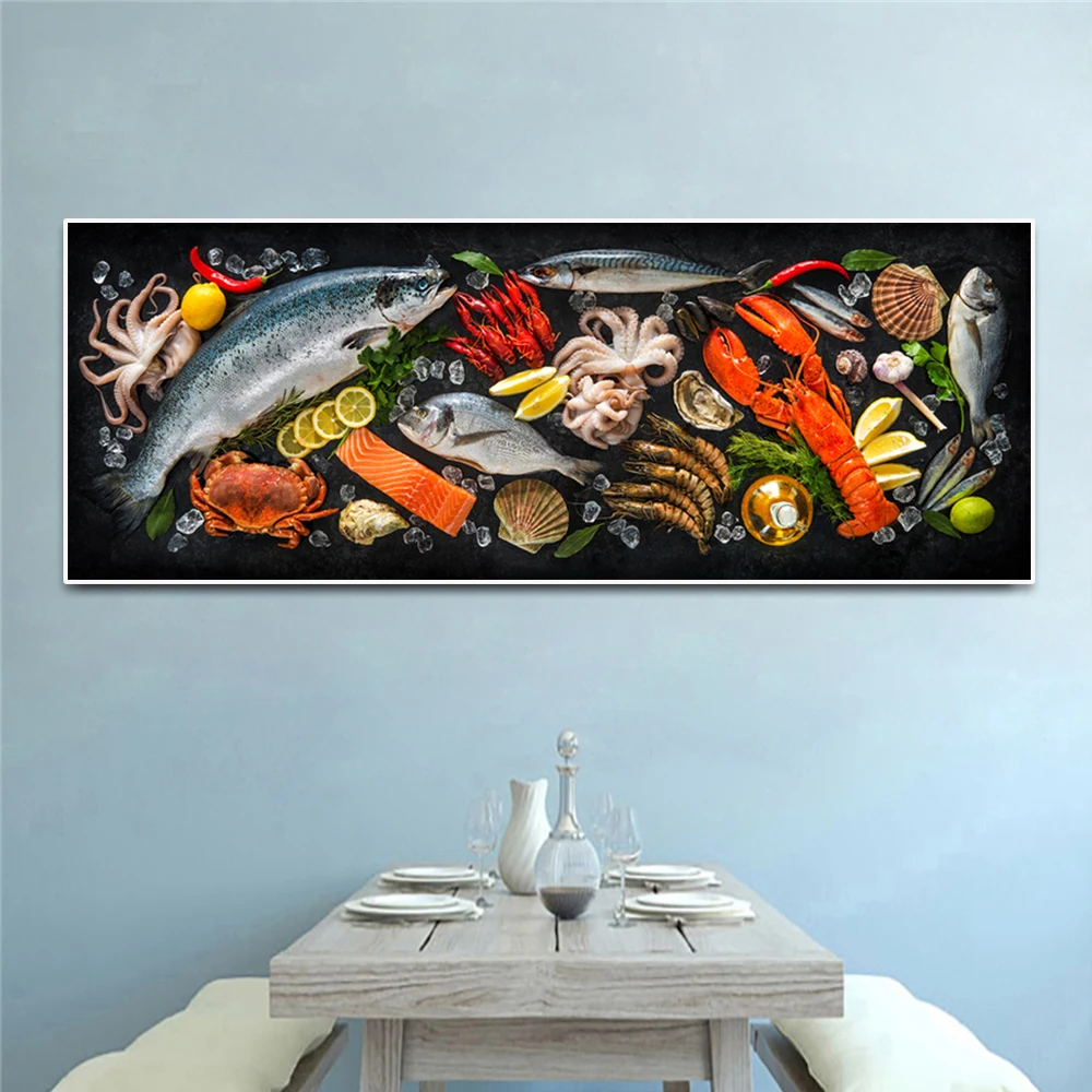 Постеры и принты на холсте с изображением рыбы морепродуктов для столовой кухни |