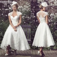 retro sweetheart short wedding dresses a line tea length bride dresses cap sleeves illusion backless 2022 vestido de novia
