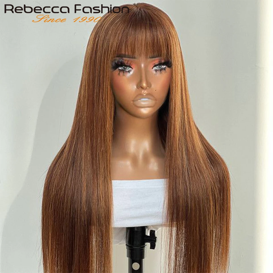 

Rebecca 180D Glueless Straight Human Hair Wig With Bangs Fringe For Women Highlight Straight Bob Wigs Full Machine Made