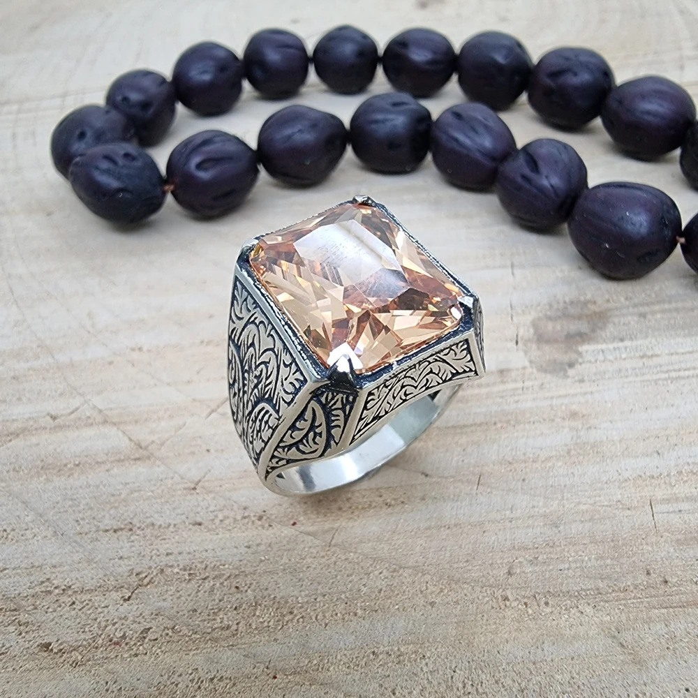 

NEW Trendy Huge Handmade 925 Silver CZ Topaz Etnic Ottoman Fashion Retro Statement Ring Turkish Jewelry Men Ring Gift For men