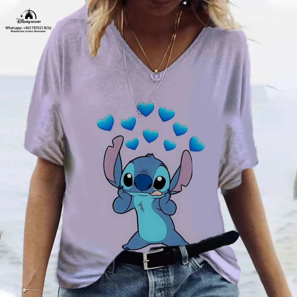 

3D Disney Stitch Printing Women's T-Shirt Short Sleeve Loose Summer T-Shirt Loose Casual Basic Tops Women's V Neck Street Tee