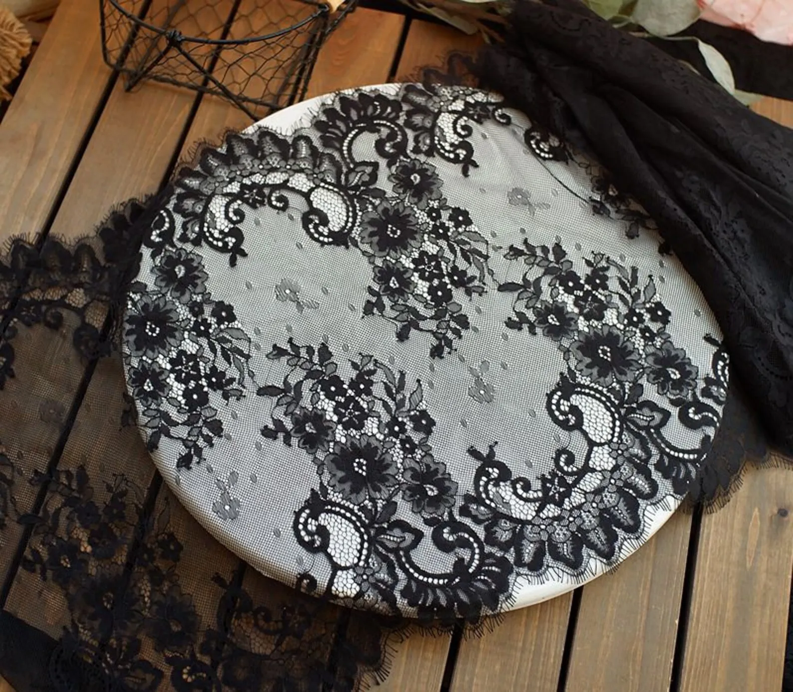 

3 yards Black Chantilly Lace Trim with Fringe Edges, 15 inches wide