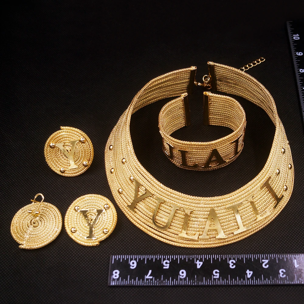 Custom Jewelry Customized Name Brazilian Gold Plated Jewellery Set Exclusive Necklace Earrings Ring Bracelet Yulaili