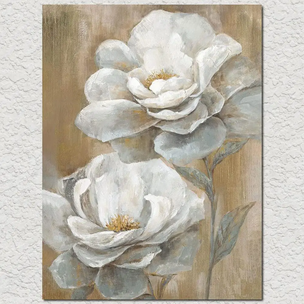 

White Peony Flowers Painting Canvas Wall Art Hand Painted Oil Modern Abstract Floral Artwork Living Room Hallway Decorative