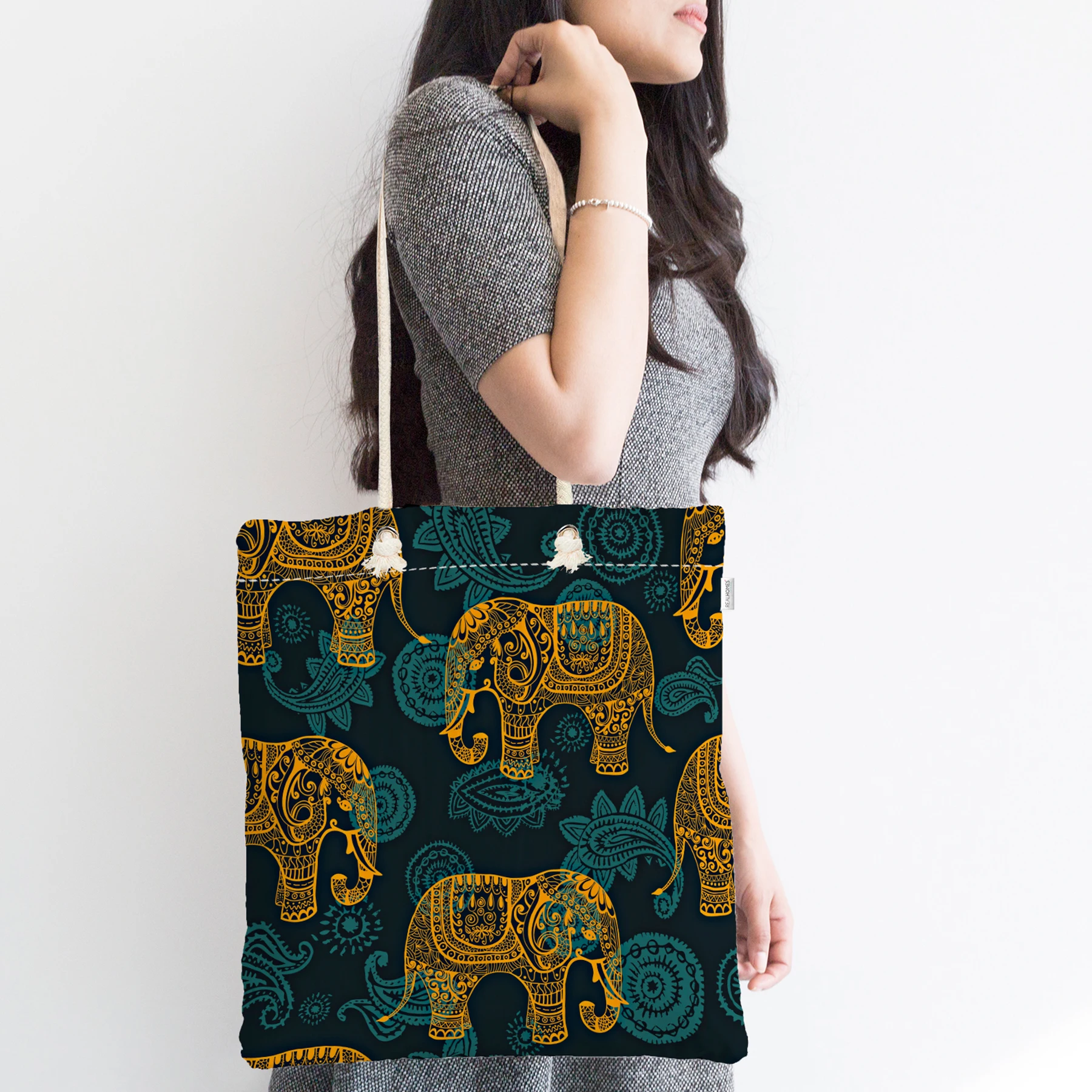 

Ethnic Motif Elephant Design Digital Printed Zipper Fabric Beach Bag, Personalized Beach Bag, Women Shopping Bag, Shoulder Rope