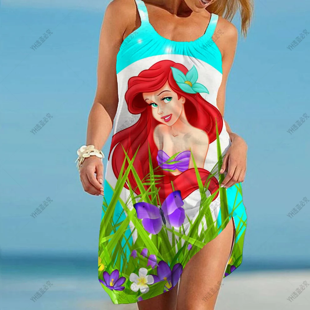 

2023 Summer New Disney Princess Mermaid Dress Street Print Sling Sleeveless Slim Cute Dress