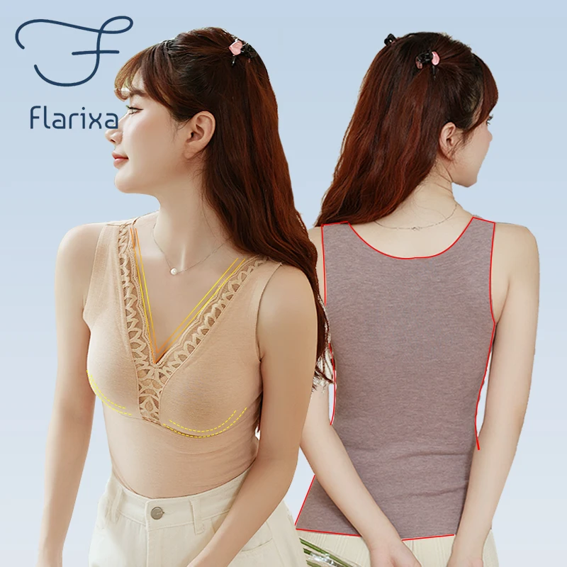 

Flarixa New Thermal Underwear Women Thermal Tank Top Sexy Lace V Neck Heated Warm Vest With Chest Pad Elasticity Thermo lingerie