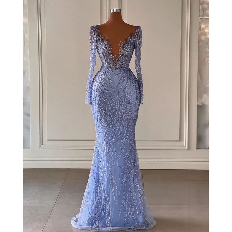 

Luxury Mermiad Evening Dresses Sexy Sheer Neck Appliques Beads Long Sleeves Prom Gowns Floor Length Party Celebrity Gowns