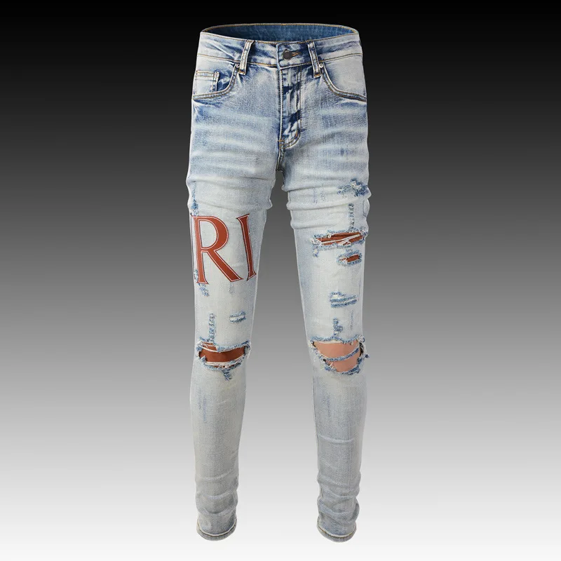 

Джинсы мужские рваные в стиле ретро, модные роскошные брендовые рваные джинсы с надписями в стиле ретро, узкие модные брюки-карандаш из денима
