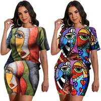 womens 2 piece set abstract face print casual high street clothes funny teesshortsset fashion summer couple outfits tracksuit