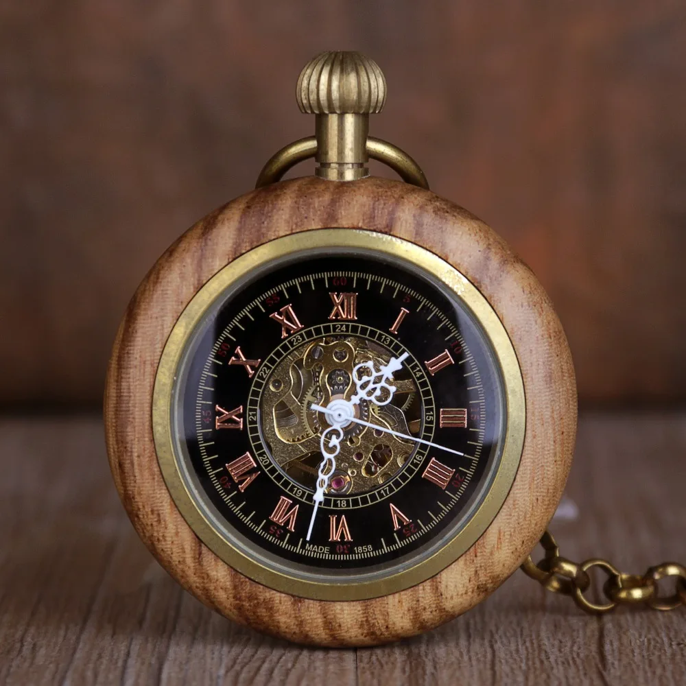 Unquie Wooden Design Fashion Vintage Hollow Roman Numerals Mechanical Pocket Watches For Men Women Necklace Pendant with Chain