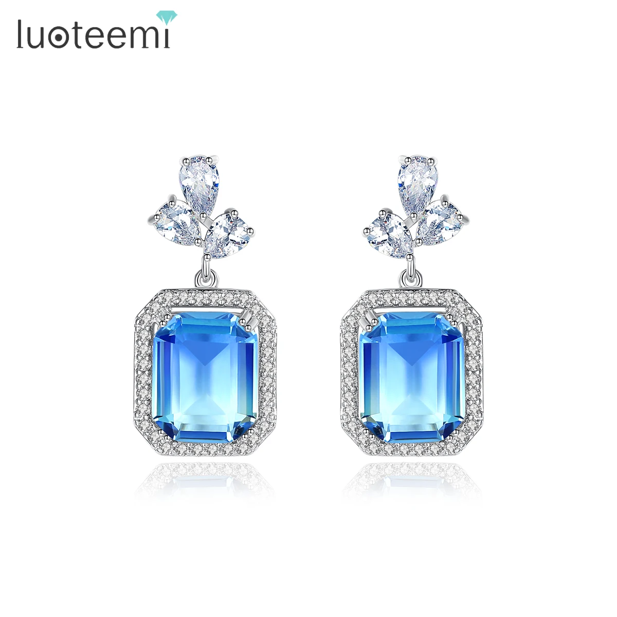 

LUOTEEMI New Exquisite Blue Red Square Dangle Earrings for Women Girls Wedding Party Luxury Cubic Zircon Chic Fashion Jewelry