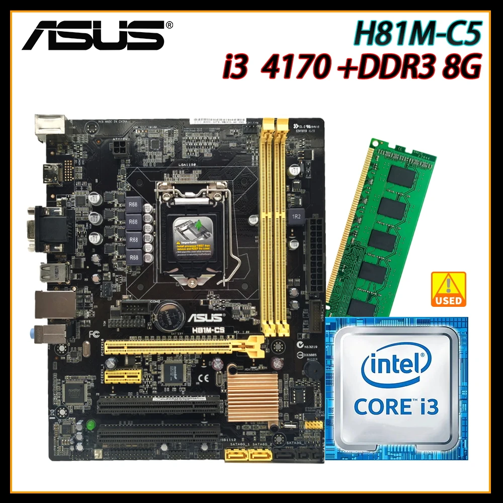 

ASUS Motherboard Kit H81M-C5+i3 4170+DDR3 8G Intel H81 Chipset LGA 1150 Socket For Intel 22nm CPU Core i7 i5 i3 Celeron Pentium