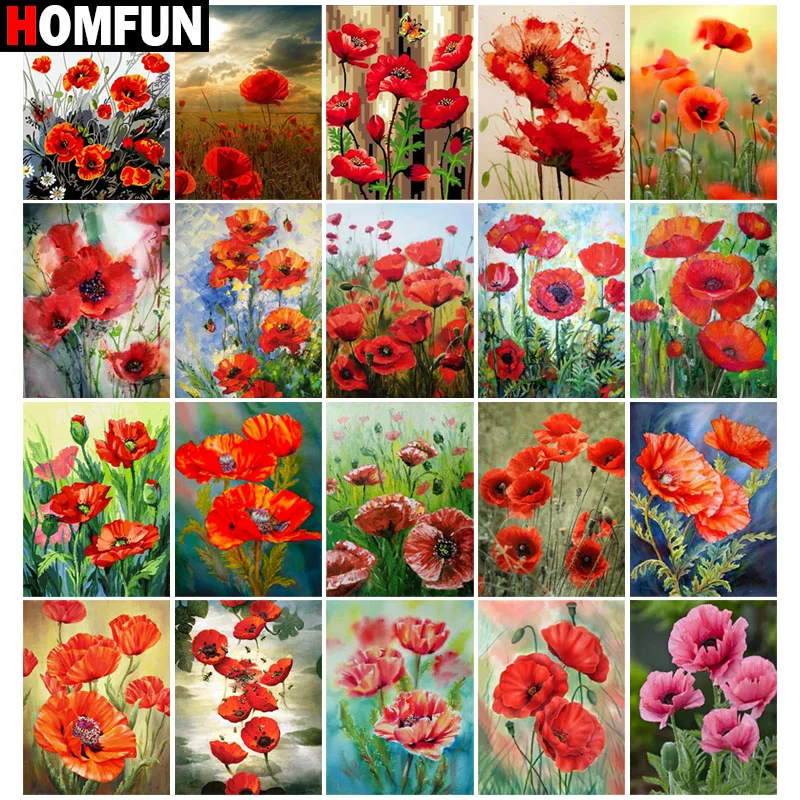 Алмазная живопись HOMFUN Красный цветок мака вышивка крестиком фото на заказ из