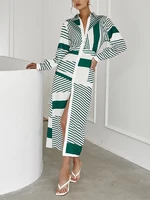 berrygo streetwear women dress elegant green stripes maxi 2022 summer long sleeve elastic waist single breasted shirt vestidos