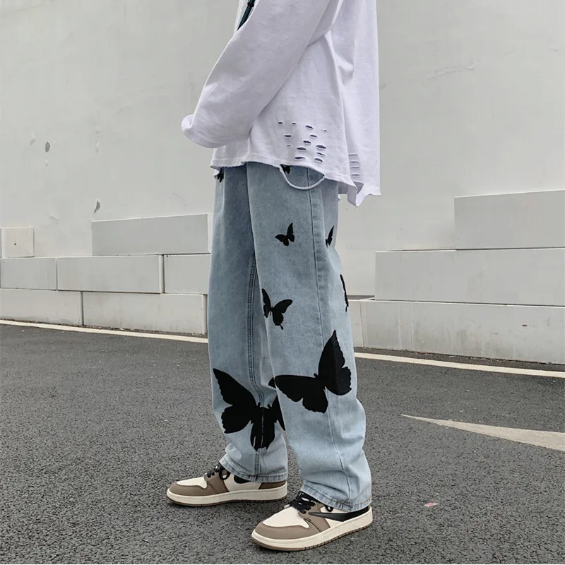 Butterfly Print Women's Jeans Large Femme Pants Baggy Cargo Man Trendyol Hip Hop Streetwear Men Men's Straight Clothing