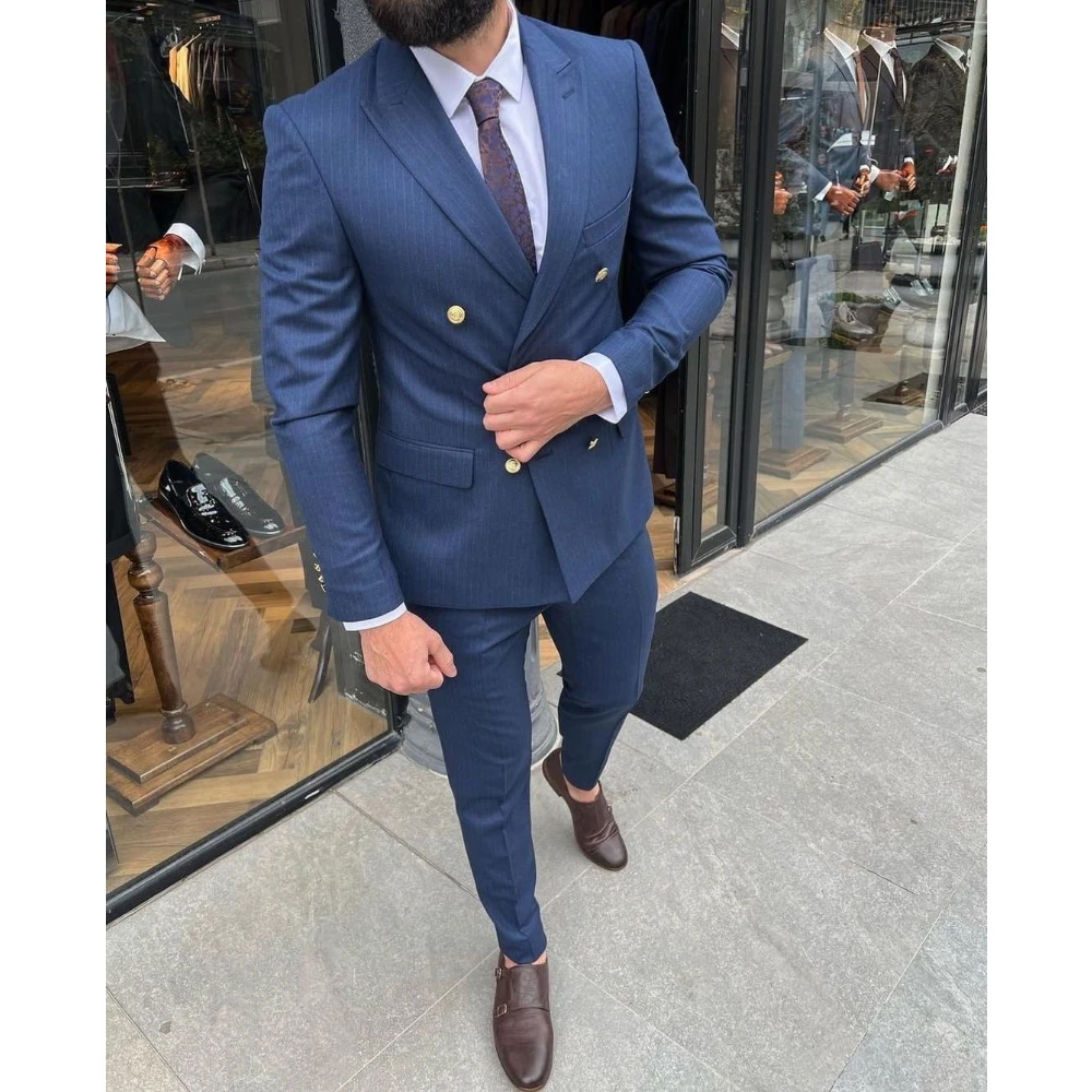 

Navy Blue Striped Mens suits for Wedding 2 Pieces Jacket Pants Groom Tuxedos Fashion Formal Business Party Celebrity Prom Wear