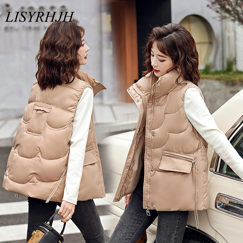 

LISYRHJH Women's Winter Vest Solid Zipper Stand Collar Pockets Ladies Sleeveless Jacket Casual Loose Waistcoat for Female