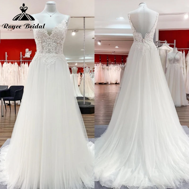 

Boho Sexy V-neck Sleeveless Backless Button Lace Appliques A-Line Wedding Dresses Netting Bridal Gowns Sweep vestido de noiva
