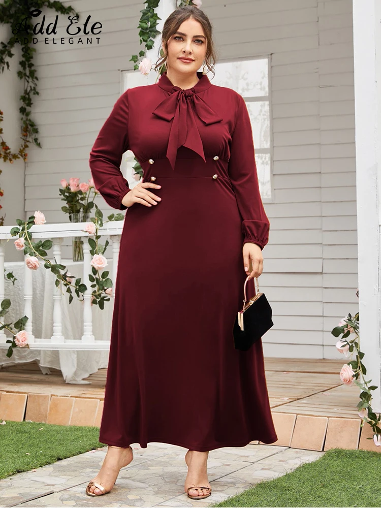 Add Elegant Autumn 2022 Plus Size Dresses for Women Bow Tie Neck Solid Female Vintage Red Button Waist Office Lady Dress B146