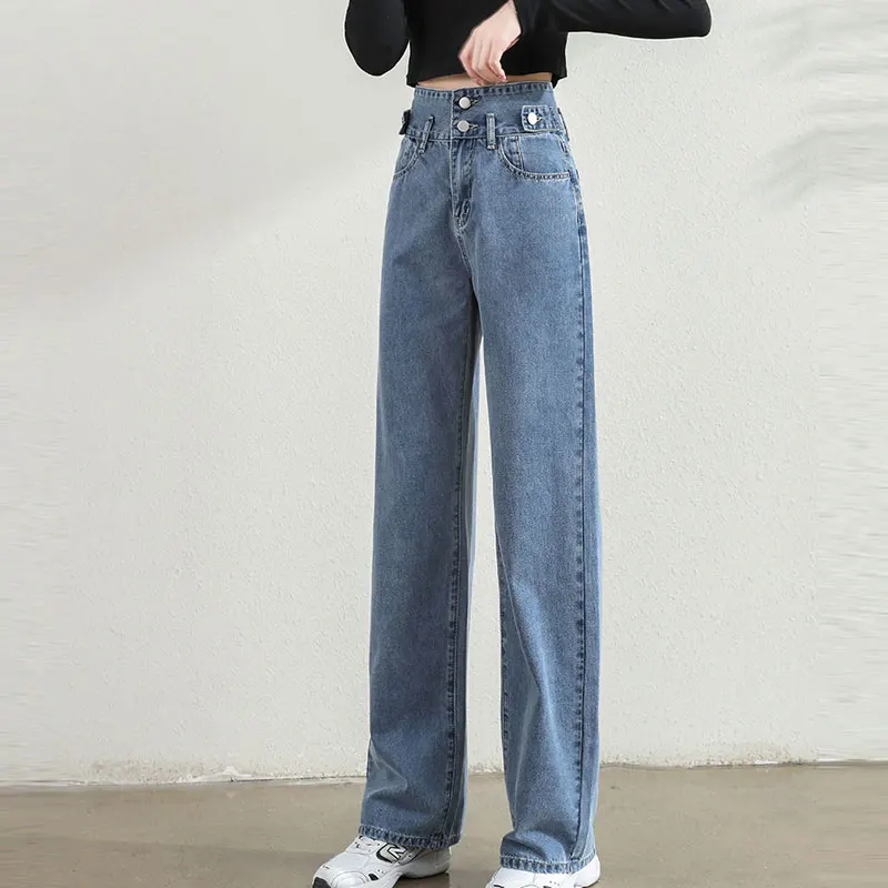 

Broad leg jeans women straight tube loose autumn new high waist slim micro La nine points row button daddy mop pants