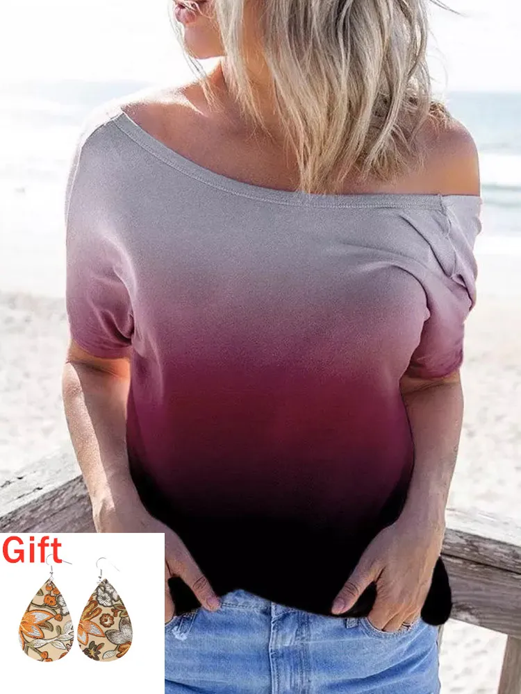 

Summer T-Shirt Women Gradient Twist Open Back Blouse Sexy T-Shirts Tee Casual O-Neck Short Sleeve Tops Camisetas Y2k Clothes