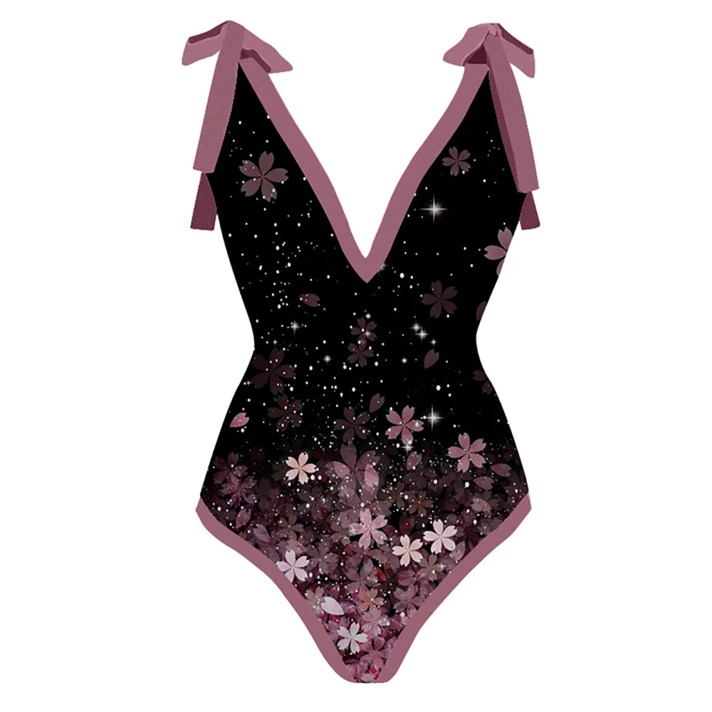 Elegant Lilac Gradient Flower Print Bikini V-Neck Sexy One-Piece Strap Swimsuit Women's Fashion Backless Beachwear Cover Up