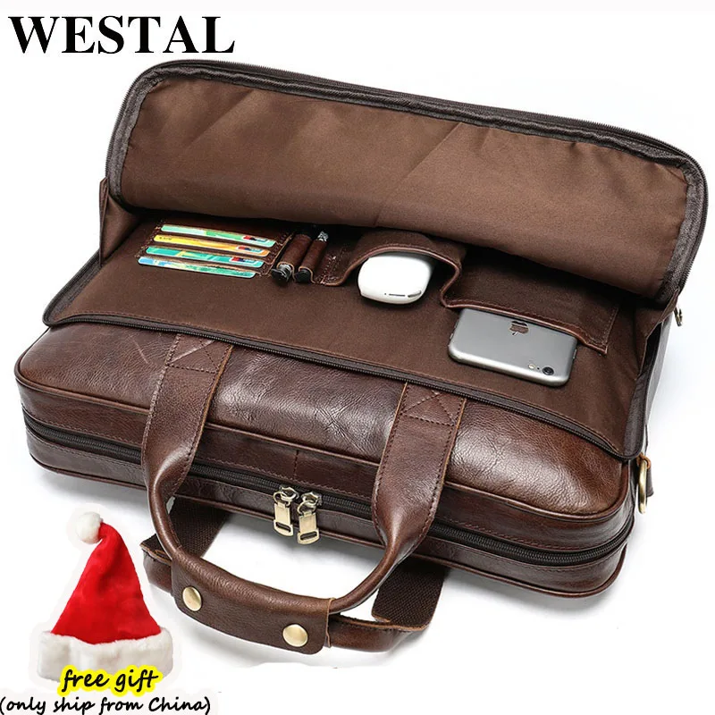 WESTAL Men's Leather Bag Office Messenger Briefcase Man Genuine Leather 15.6