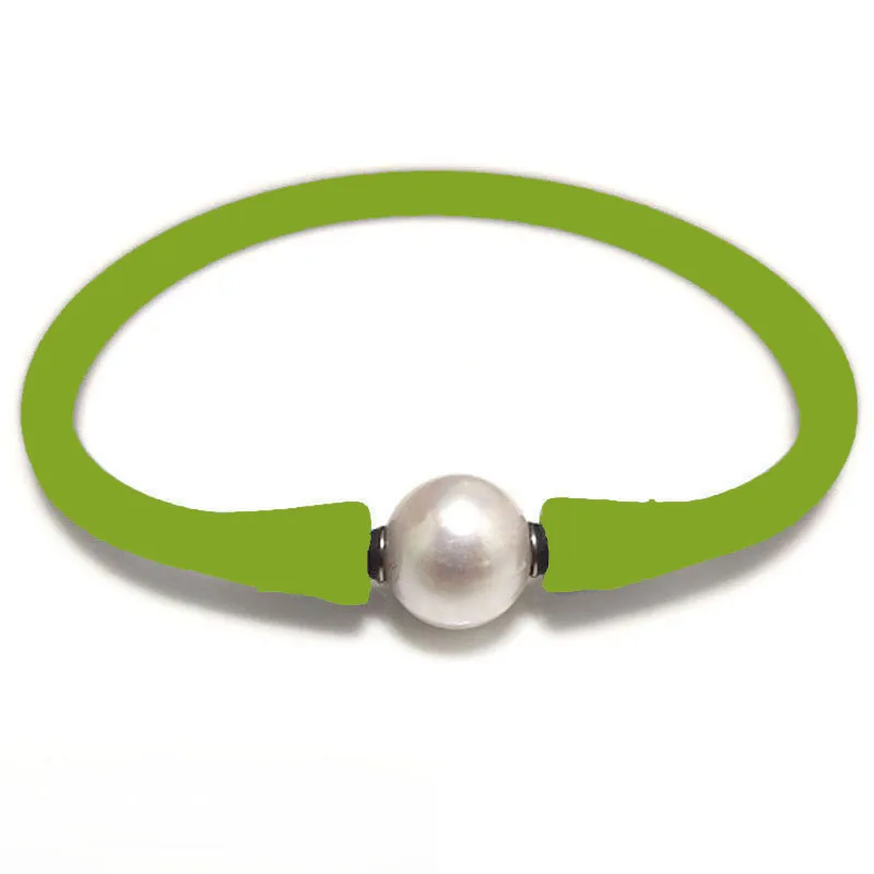 7 inches 10-11mm Natural Round Pearl Olive Green Rubber Silicone Bracelet