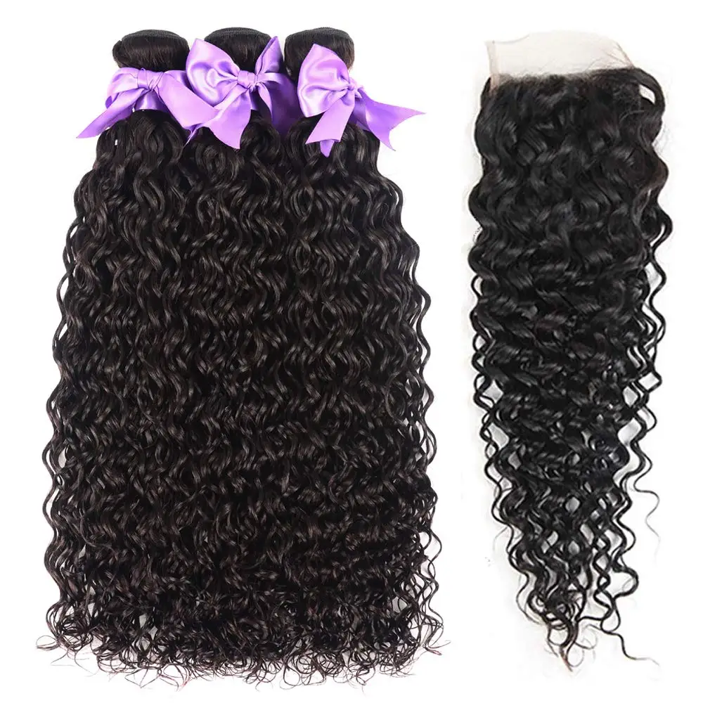 10A Brazilian Virgin Human Hair Water Wave Bundles With Closure 100% Unprocessed Water Ocean Curly Wave Weave Hair Extension