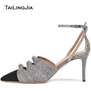 Large Size Stylish Ladies Shiny Glitter High Heel Pumps Pointed Toe Stiletto Ankle Strap Party Silver Heels Summer Shoes Women