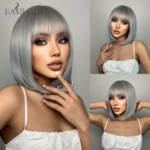 EASIHAIR Short Gray Bob Hair Synthetic Wigs with Bangs for Women Silver Colorful Cosplay Lolita Party Natural Wig Heat Resistant