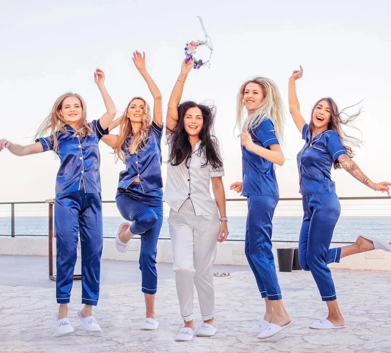 Bridesmaid Pajama Short/ Long Sleeves + Long Pants Custom Pjs Bridesmaid Pajama Set PJs Satin Personalization Wedding Tops+Pants