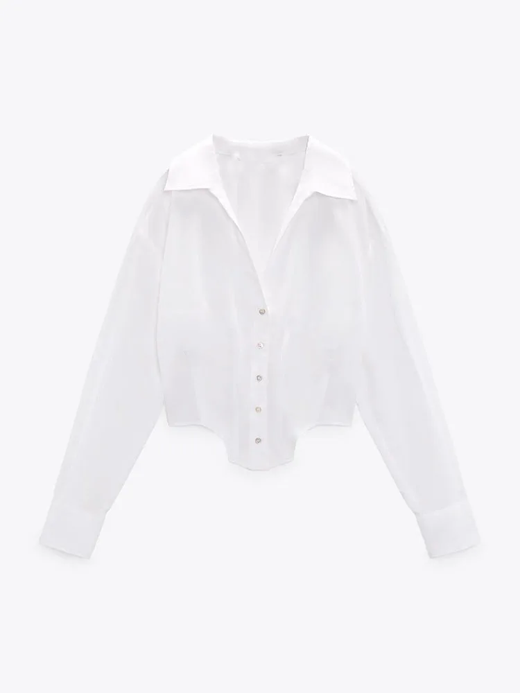 

Zach AiIsa summer new temperament all-match white simple poLo collar long-sleeved poplin breasted corset shirt short top