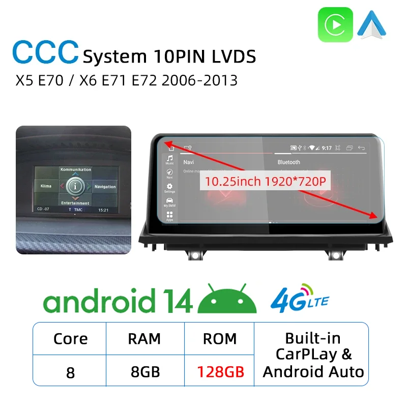 

Новый Android 14 автомобильный радиоприемник CarPlay Экран для BMW X5 E70 X6 E71 E72 2006-2013 GPS автомобильный мультимедийный плеер навигация стерео MP4 WiFi