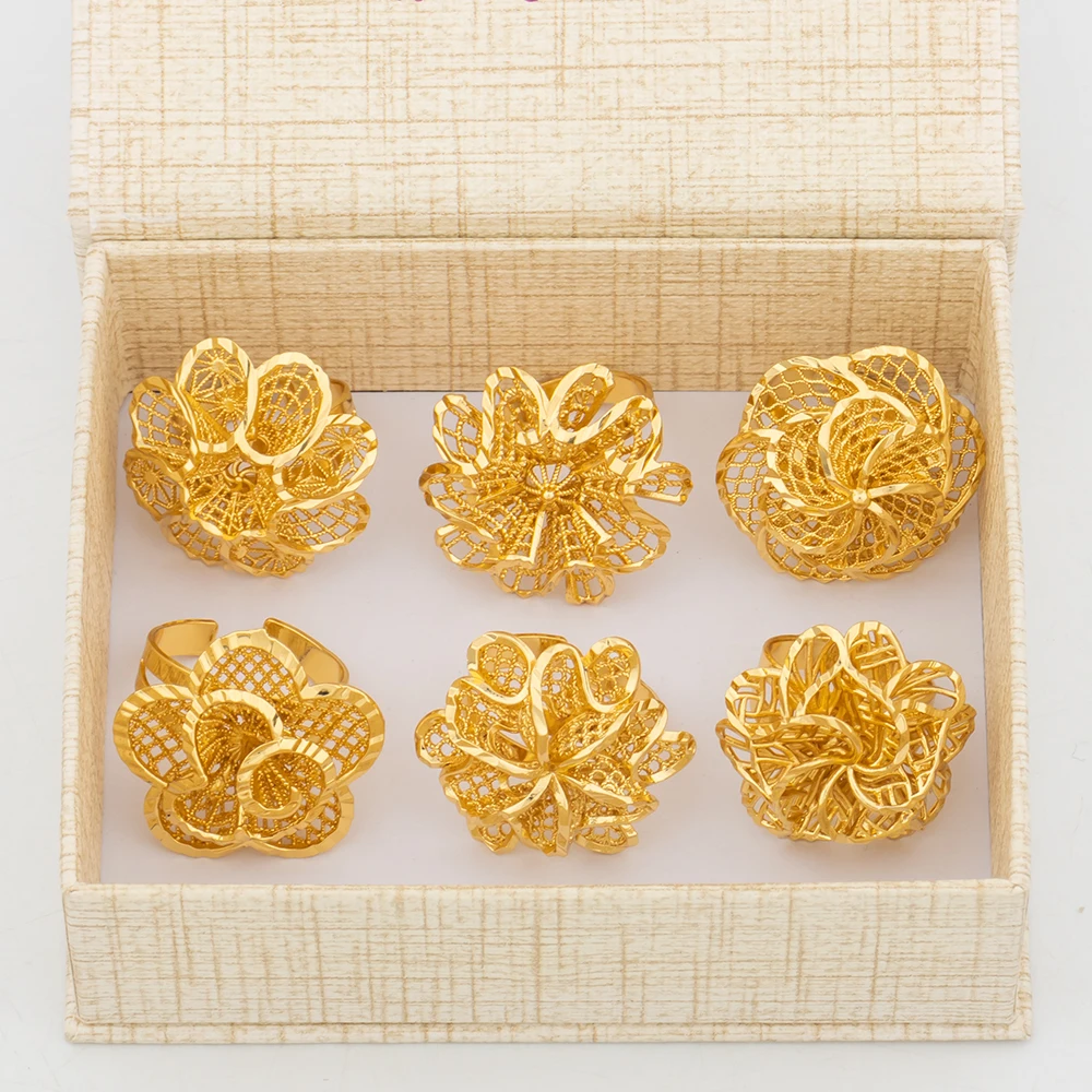Italian Gold Color Rings Jewelry Set Hollow Out Design Finger Ring Dubai African Adjustable Flower Ring with Gift Box for Bride