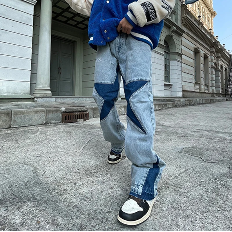 Harajuku Stars Letter Embroidery Patchwork Straight Flare Loose Jeans New Mens Retro Oversized Casual Denim Trousers Pantalones