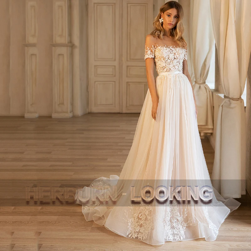 

HERBURN Classic Wedding Dresses For Women Romantic Pastrol Court Train Chiffon Custom Made Robe Mariee Robe De Soiree Mariage