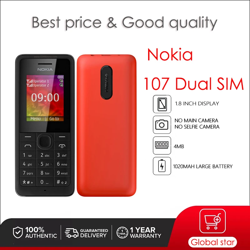 

Nokia 107 Dual SIM Original unlocked 4MB RAM 1.8" 1020mAh Mobile Phone Cellphone Free shipping