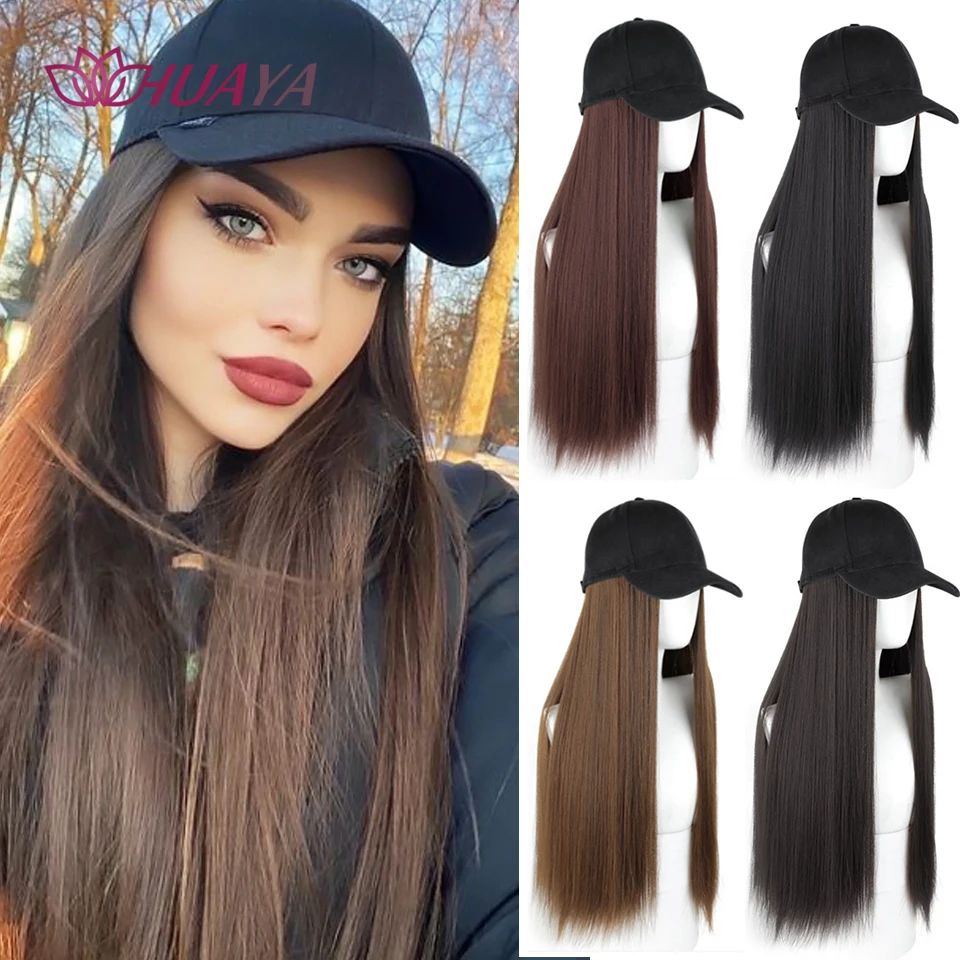 

HUAYA Baseball Cap with Wig Fashion Black White One Piece Women Summer Long Straight Hair Curly Hair Hat Wig