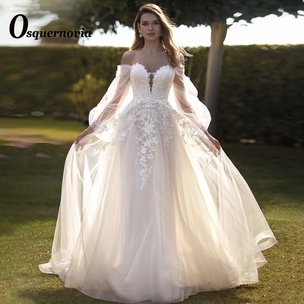 

Osquernovia Wedding Gown 2023 Sweetheart Floral Appliques Illusion Lantern Sleeves Backless Tulle A-line Vestido De Noiva