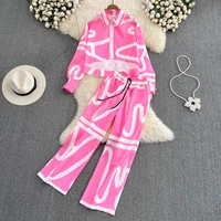 clothland women chic print blouse pants suit short style long sleeve shirt elastic band trousers pink cute two piece set tz574