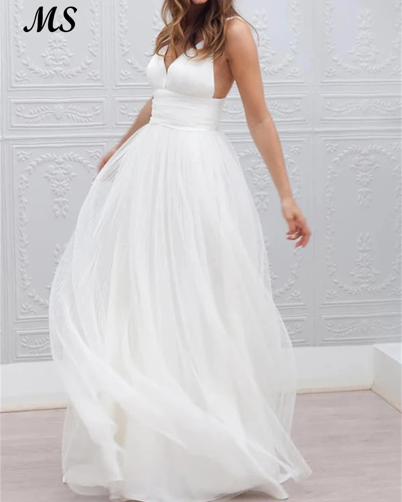 

MS Simple Tulle Beach Wedding Dresses Spaghetti Strap Ruched Sash V Neck Formal Bridal Party Gowns For Women Robe De Mariee 2022