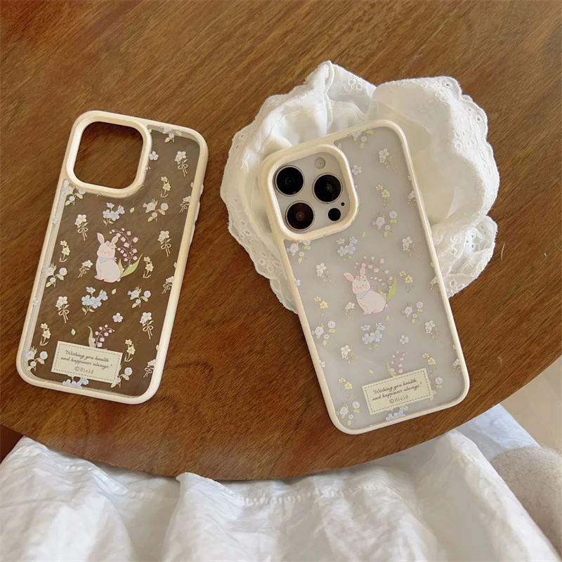 Чехол для телефона с милым кроликом Clean Wildflower iPhone 13 14 15 Pro 12 16 Max акриловый