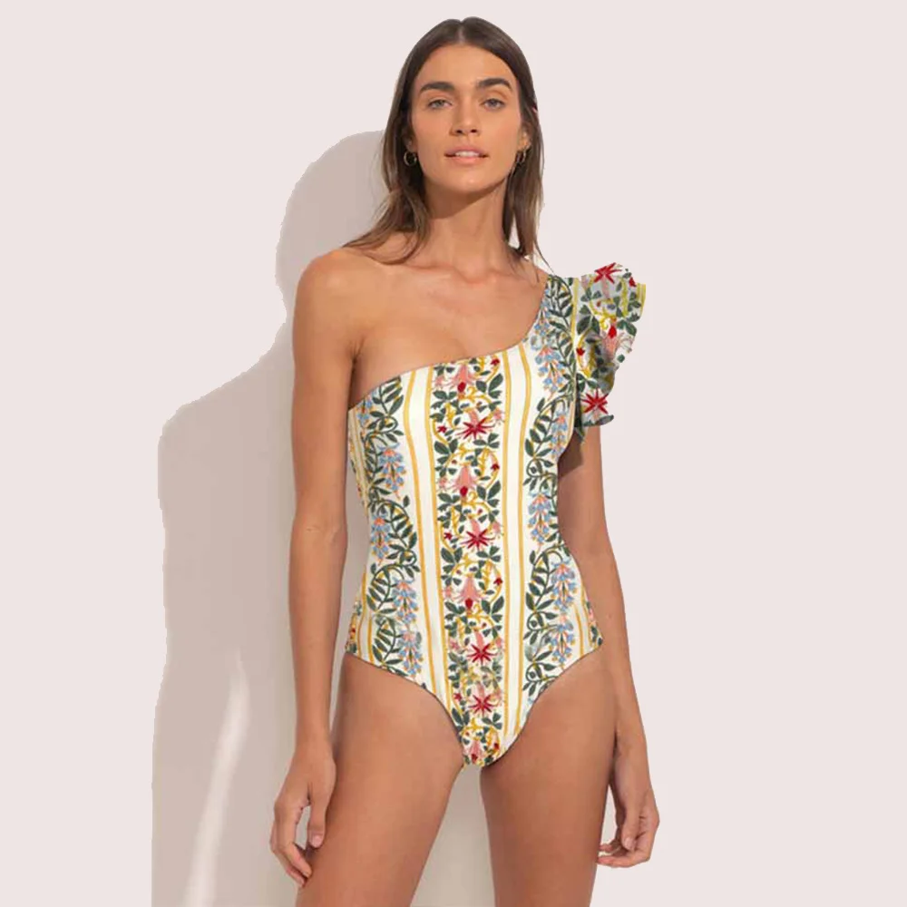 

One-Shoulder Ruffled Printed Swimsuit Asymmetrical Swimwear Holiday Beachwear Designer Bathing Suit Summer Surf Wear