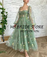 ms a line mint green tulle evening dress 3d flower puff sleeves sweetheart tea length short fairy prom party gowns bone corest