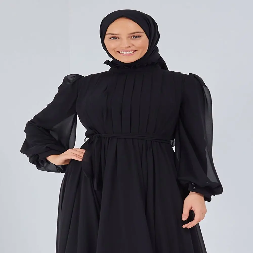 Women's Lilac Balloon Sleeve Waist Elastic Chiffon Evening Maxi Hijab Tailad Dress Dubai Robe Longue Femme Islam Caftan Muslim