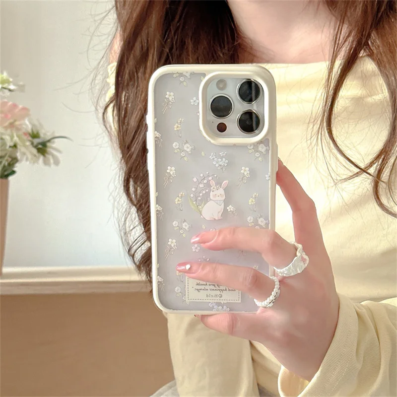 Чехол для телефона с милым кроликом Clean Wildflower iPhone 13 14 15 Pro 12 16 Max акриловый