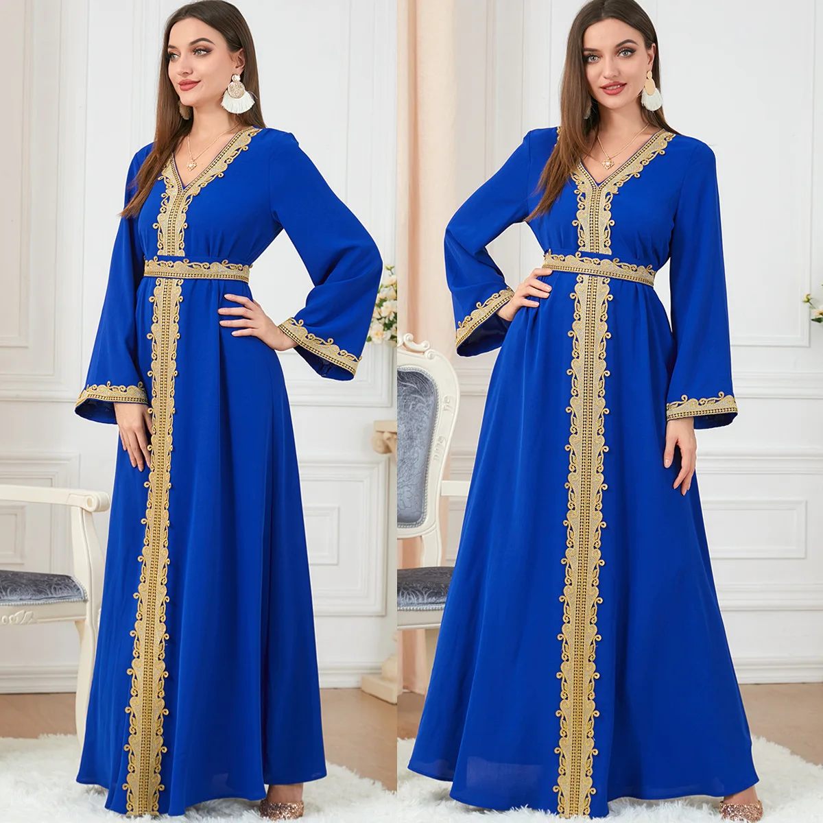 Moroccan Caftan Dubai Turkey Muslim Dress Women Blue Abaya Elegant Lady Islamic Clothing Jelaba Eid Mubarak Djellaba Femme